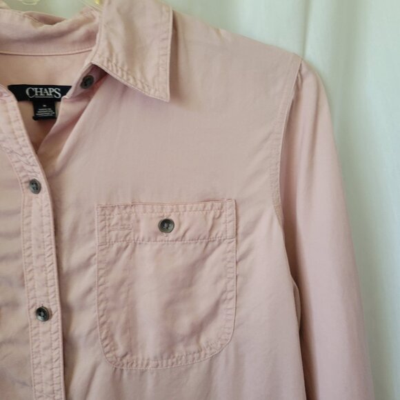 Chaps Pink Blouse Medium Button Front long sleeves Lyocell pockets Flowy EUC - Picture 5 of 9